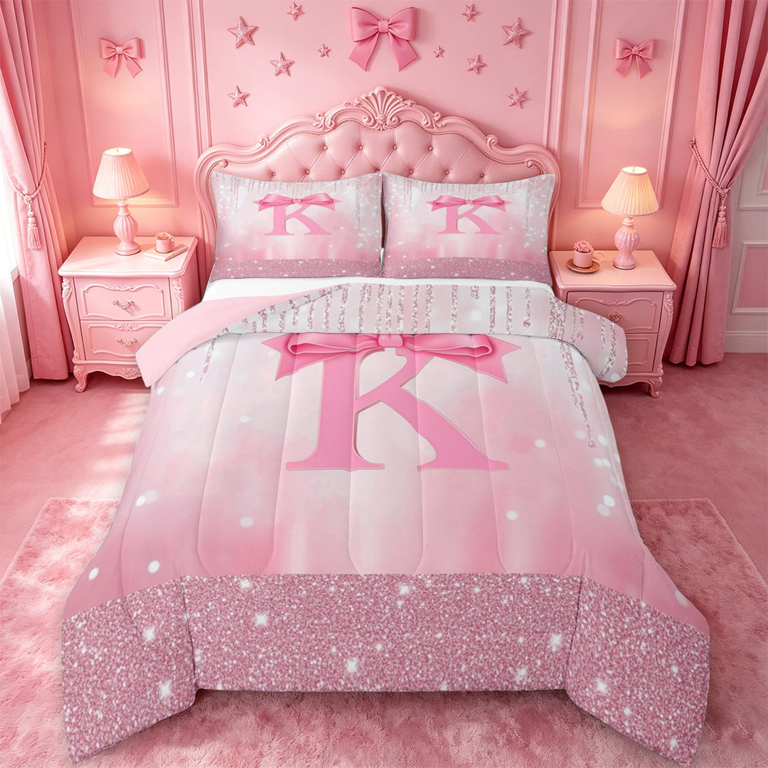 meiyoeat Pink Princess Bows Full Size Comforter Sets For Girls,Lovely Bowtie Monogrammed K Bedding Comforter Set For Kids,Pink Reversible,3 Pieces