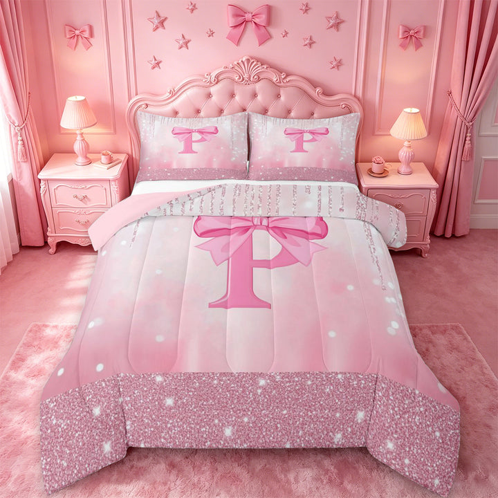 meiyoeat 3D Cartoon Coquette Bows Full Size Comforter Sets For Kids,Girly Personalized Alphabet P Bedding Comforter Set,Pink Reversible,3 Pieces