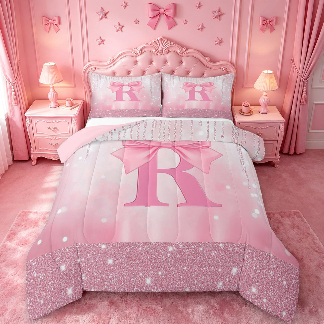 meiyoeat Pink Cute Bowknot Full Size Comforter Sets For Girls,Chic Sparkling Print Monogrammed R Bedding Comforter Set For Kids,Pink Reversible,3pcs