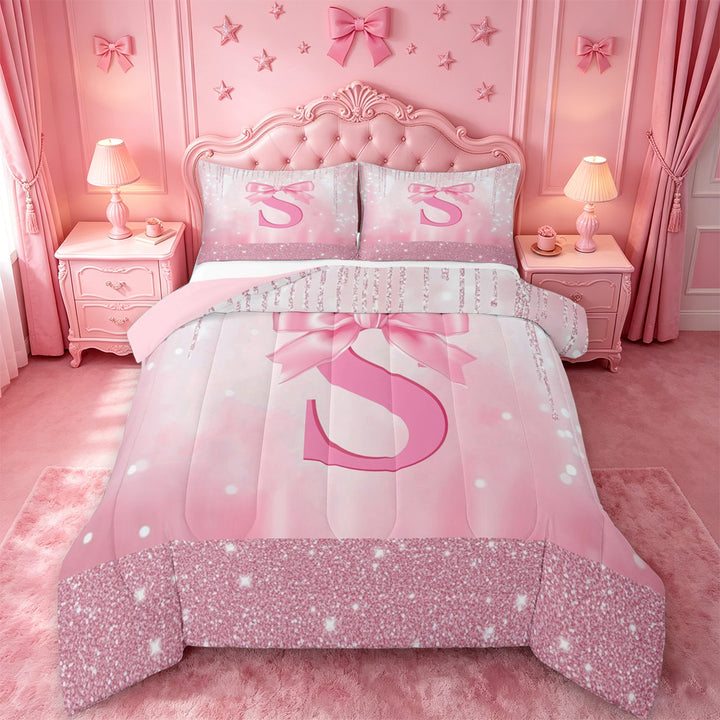 meiyoeat Girly Coquette Bow Full Size Comforter Sets For Kids,Pink Sequin Alphabet Print S Bedding Comforter Set For Bowtie Lovers,Pink Reversible,3-Piece