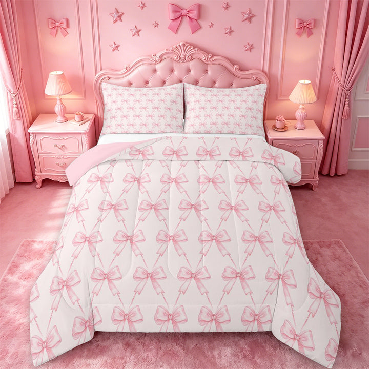 meiyoeat Pink Coquette Bows Full Size Comforter Sets For Girls,Dreamy Princess Bowknot Bedding Comforter Set For Kids,Pink Reversible,3-Piece