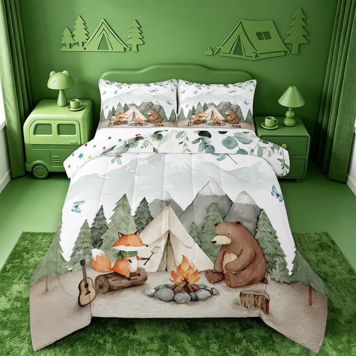 meiyoeat Watercolor Camping Full Size Comforter Sets For Boys,Fox Tent Print Bedding Comforter Set,Polkadot Reversible,3-Piece,1 Comforter and 2 Pillowcases