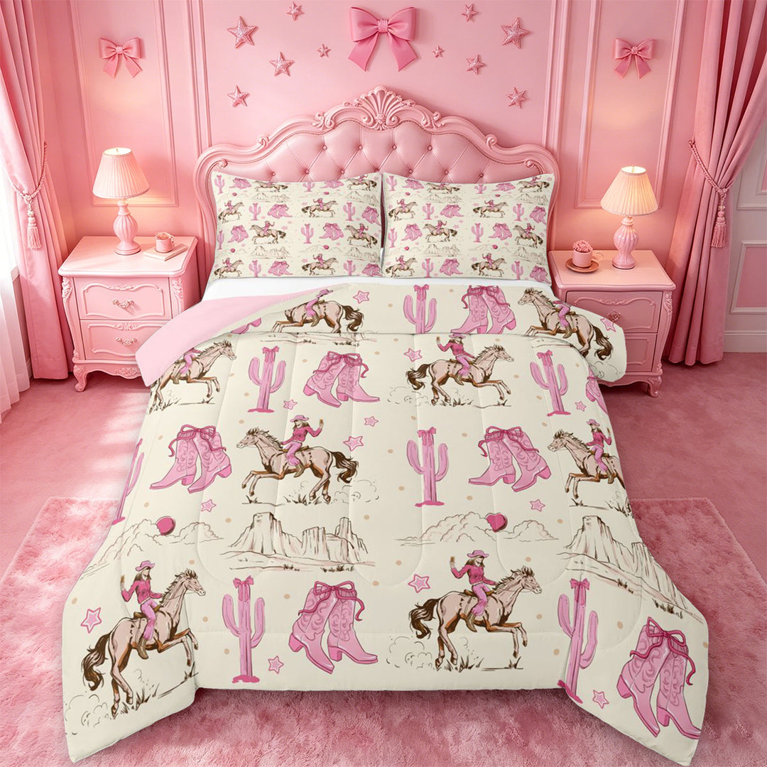 meiyoeat Retro Western Cowgirl Full Size Comforter Sets For Kids, Pink Vintage Cowboy Boots Bedding Comforter Set For Girls,Pink Reversible,3-Piece