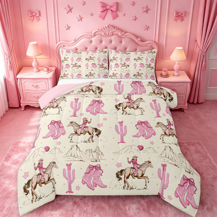 meiyoeat Retro Western Cowgirl Full Size Comforter Sets For Kids, Pink Vintage Cowboy Boots Bedding Comforter Set For Girls,Pink Reversible,3-Piece