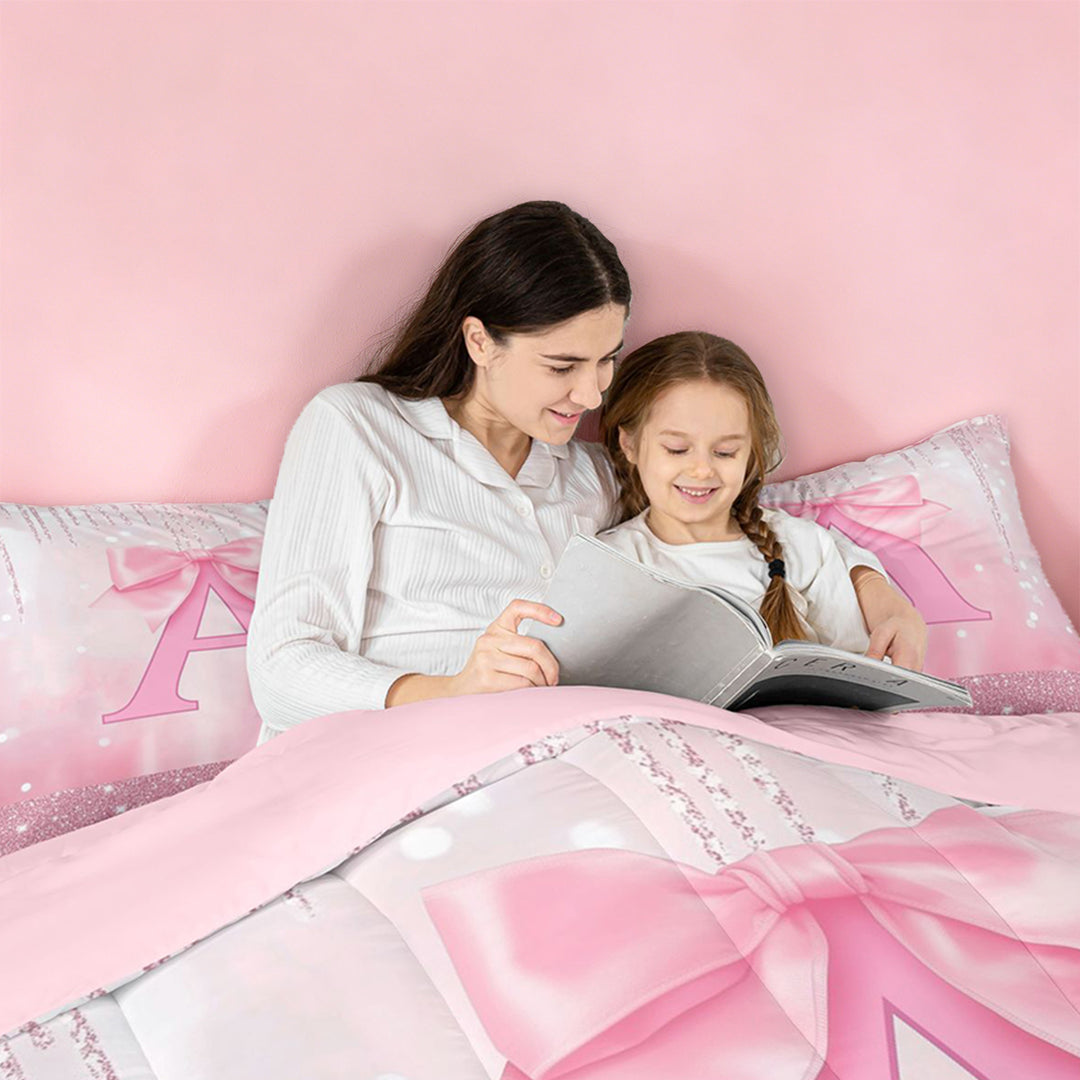 meiyoeat Pink Cute Bowknot Full Size Comforter Sets For Girls,Chic Sparkling Print Monogrammed A Bedding Comforter Set For Kids,Pink Reversible,3-Piece