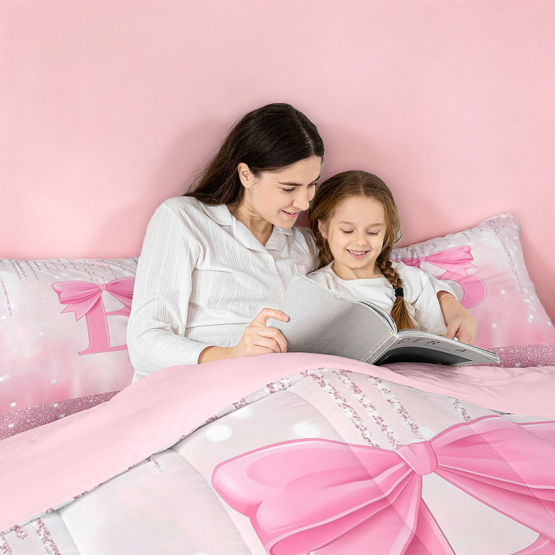 meiyoeat Girly Coquette Bow Full Size Comforter Sets For Kids,Pink Sequin Alphabet Print B Bedding Comforter Set For Bowtie Lovers,Pink Reversible,3 Pieces