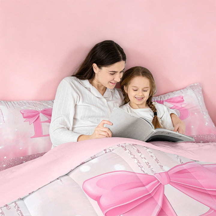 meiyoeat Girly Coquette Bow Full Size Comforter Sets For Kids,Pink Sequin Alphabet Print B Bedding Comforter Set For Bowtie Lovers,Pink Reversible,3 Pieces