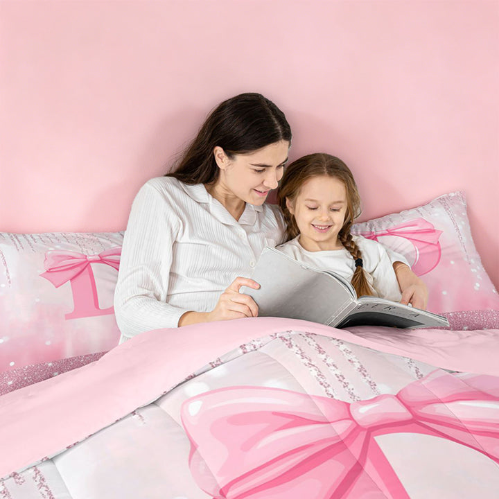 meiyoeat Pink Bow Initial Letter D Full Size Comforter Sets For Girls,Dreamy Princess Style Bedding Comforter Set For Kids,Pink Reversible,3-Piece