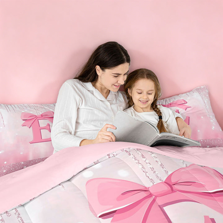 meiyoeat Pink Ribbon Bows 7 Pieces Full Size Bedding Sets For Girls,Fashion Bling Monogram E Print Full Size Bed in a Bag For Kids,Pink Reversible