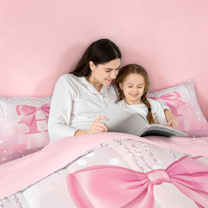 meiyoeat Cute Bowknot Letter Print 7 Pieces Full Size Bedding Sets For Girls,Pink Bowtie Monogrammed H Full Size Bed in a Bag For Kids,Pink Reversible