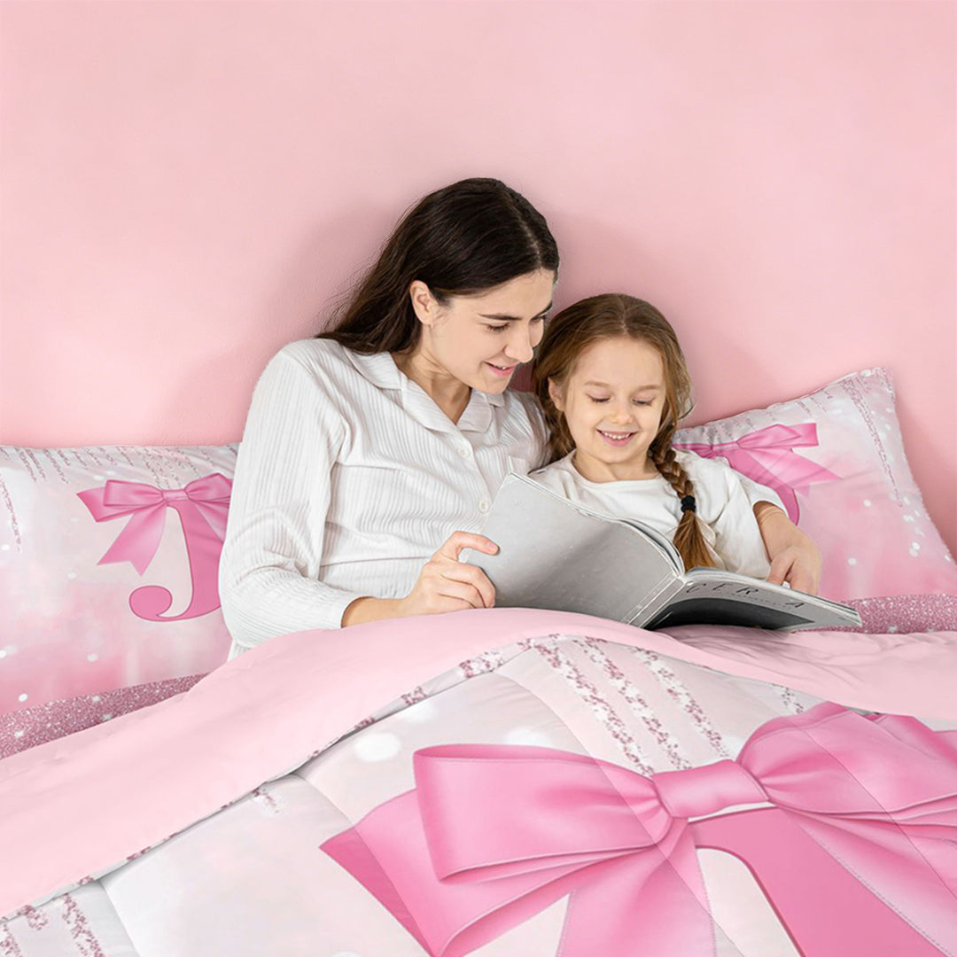 meiyoeat Kawaii Bowtie Alphabet J Full Size Comforter Sets For Kids,3D Pink Initial Letter Print Bedding Comforter Set For Girls,Pink Reversible,3-Piece