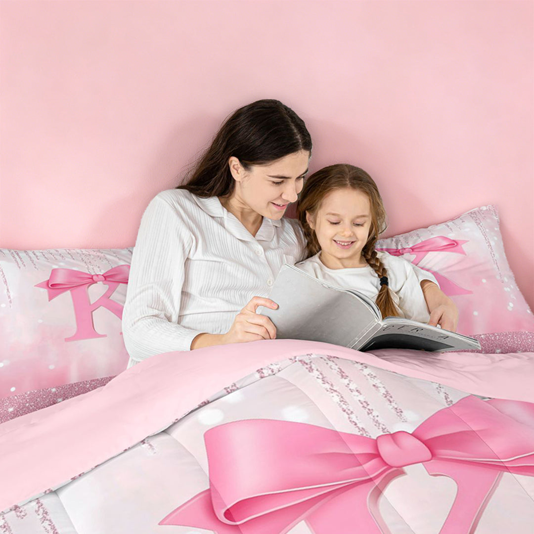 meiyoeat Pink Princess Bows Full Size Comforter Sets For Girls,Lovely Bowtie Monogrammed K Bedding Comforter Set For Kids,Pink Reversible,3 Pieces
