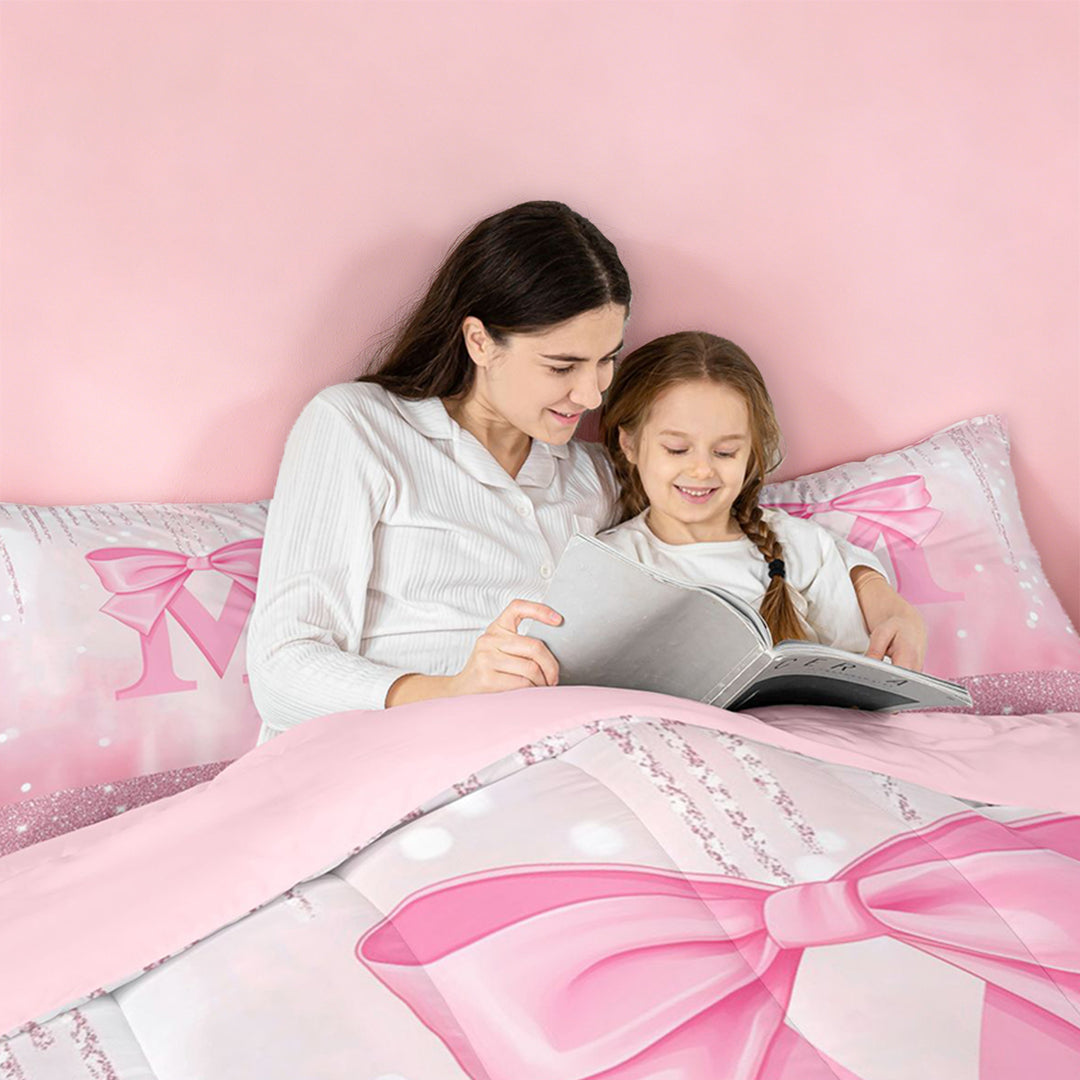 meiyoeat Pink Sequin Print 7 Pieces Full Size Bedding Sets For Girls,Ribbon Bowknot Alphabet Print M Full Size Bed in a Bag For Kids,Pink Reversible