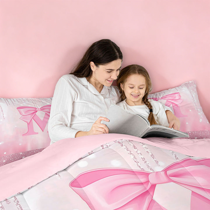 meiyoeat Pink Sequin Print 7 Pieces Full Size Bedding Sets For Girls,Ribbon Bowknot Alphabet Print M Full Size Bed in a Bag For Kids,Pink Reversible