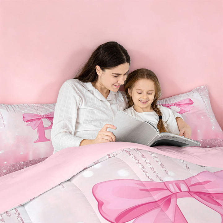 meiyoeat 3D Cartoon Coquette Bows Full Size Comforter Sets For Kids,Girly Personalized Alphabet P Bedding Comforter Set,Pink Reversible,3 Pieces