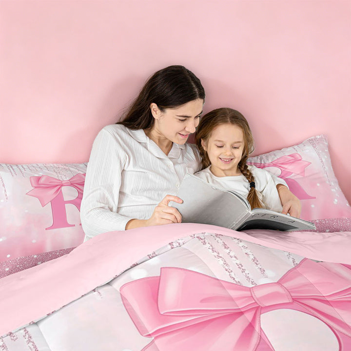 meiyoeat Pink Cute Bowknot Full Size Comforter Sets For Girls,Chic Sparkling Print Monogrammed R Bedding Comforter Set For Kids,Pink Reversible,3pcs