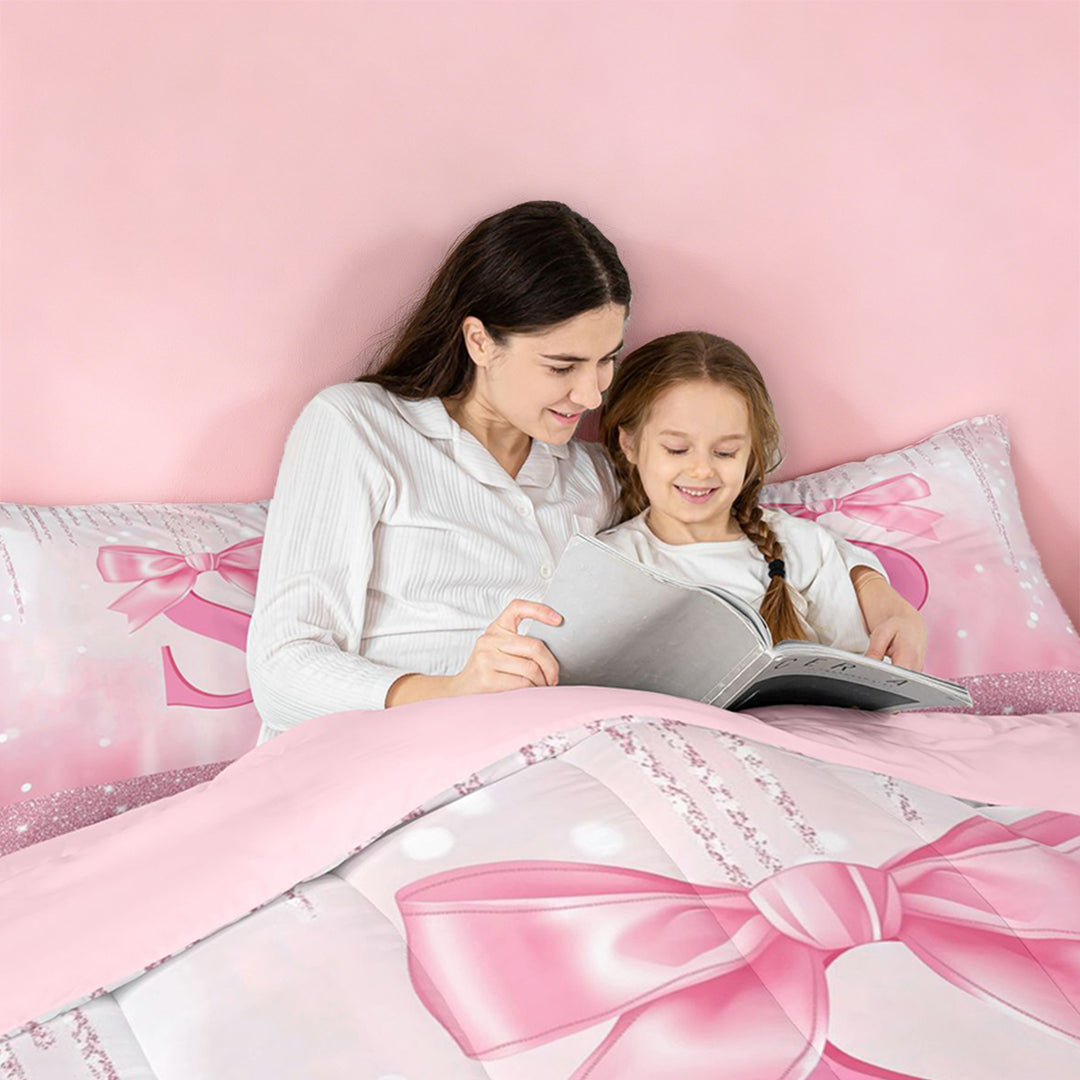 meiyoeat Girly Coquette Bow Full Size Comforter Sets For Kids,Pink Sequin Alphabet Print S Bedding Comforter Set For Bowtie Lovers,Pink Reversible,3-Piece