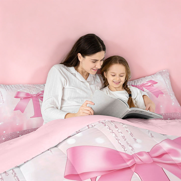meiyoeat Girls Personalized Bow Gifts 7 Pieces Full Size Bedding Sets For Kids,Pink Bowknot Letter Print T Full Size Bed in a Bag For Bow Lovers,Pink Reversible
