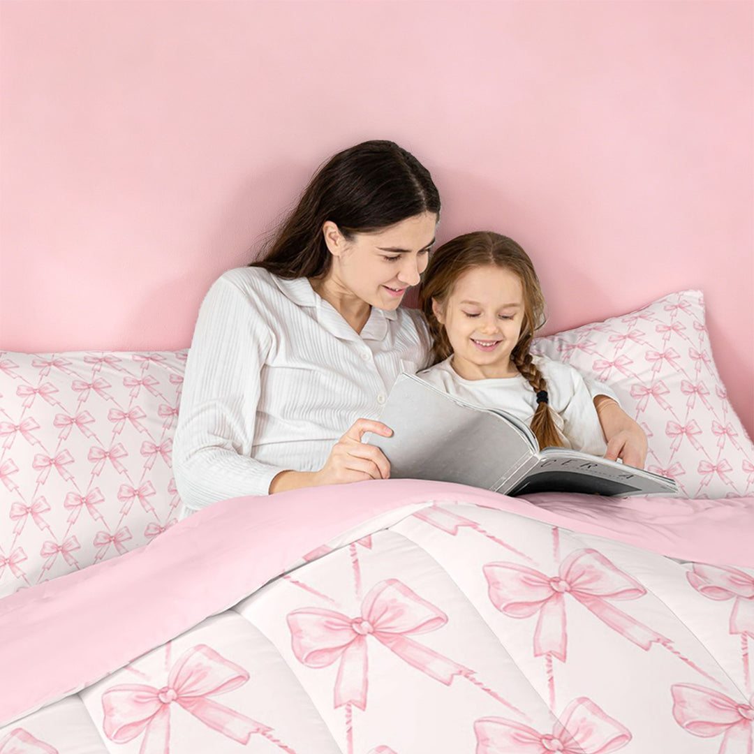meiyoeat Pink Coquette Bows Full Size Comforter Sets For Girls,Dreamy Princess Bowknot Bedding Comforter Set For Kids,Pink Reversible,3-Piece