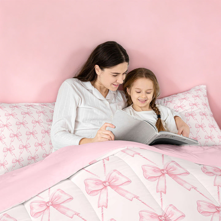 meiyoeat Pink Coquette Bows Full Size Comforter Sets For Girls,Dreamy Princess Bowknot Bedding Comforter Set For Kids,Pink Reversible,3-Piece