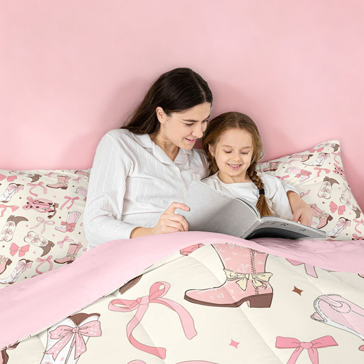 meiyoeat meiyoeat Sweet Cowgirl Boot 7 Pieces Full Size Bedding Sets For Girls, Pastel Bow Pattern Full Size Bed in a Bag For Kids,Pink Reversible