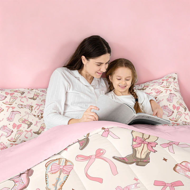 meiyoeat Girly Cowgirl Boot 7 Pieces Full Size Bedding Sets For Kids, Coquette Bow Print Full Size Bed in a Bag For Girls,Pink Reversible