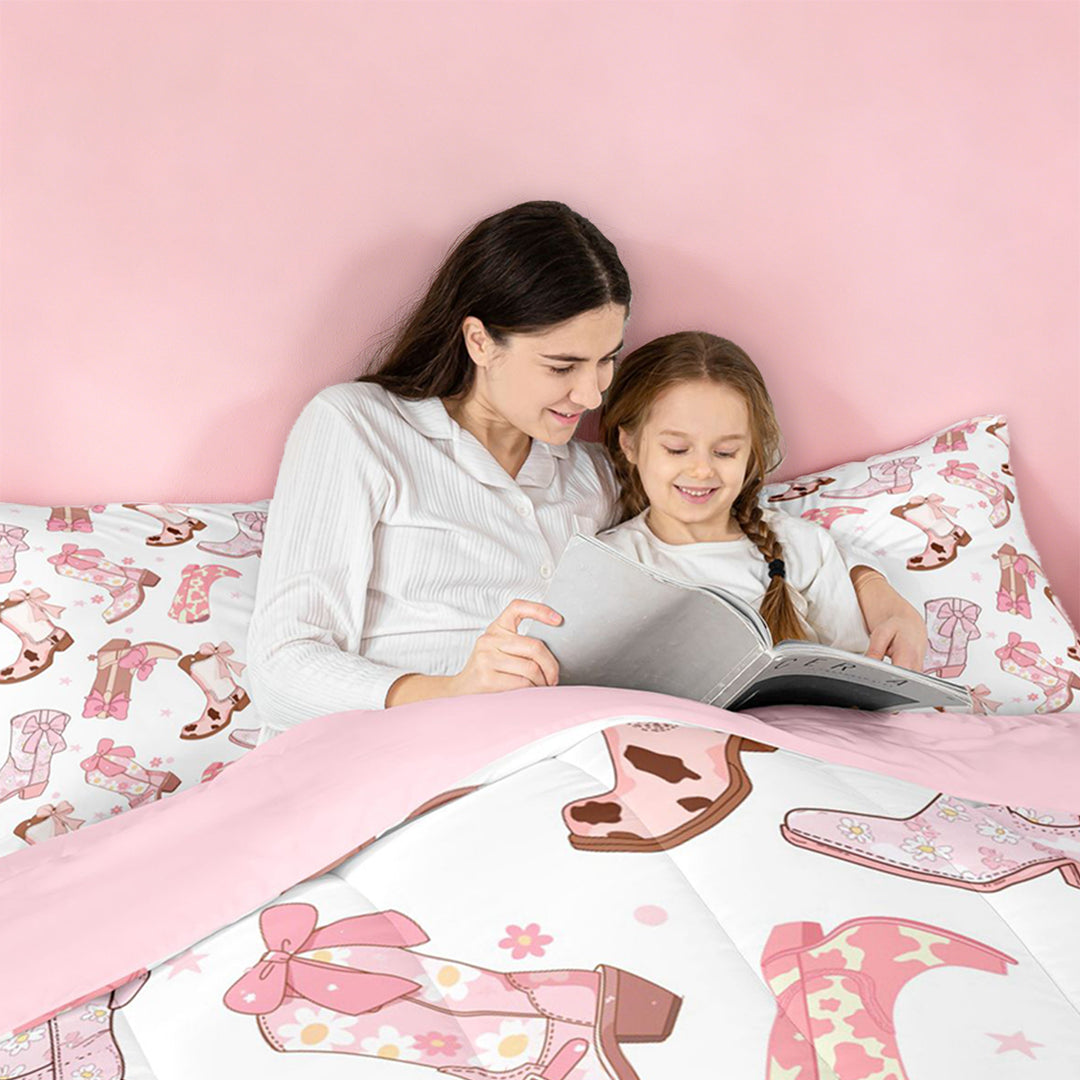 meiyoeat Western Cowgirls Boots 7 Pieces Full Size Bedding Sets For Girls,Pink Coquette Bow Full Size Bed in a Bag For Kids,Pink Reversible