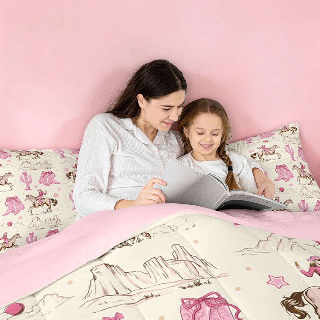 meiyoeat Retro Western Cowgirl Full Size Comforter Sets For Kids, Pink Vintage Cowboy Boots Bedding Comforter Set For Girls,Pink Reversible,3-Piece