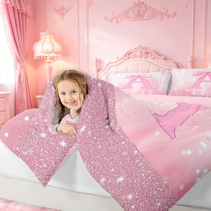 meiyoeat Pink Cute Bowknot Full Size Comforter Sets For Girls,Chic Sparkling Print Monogrammed A Bedding Comforter Set For Kids,Pink Reversible,3-Piece