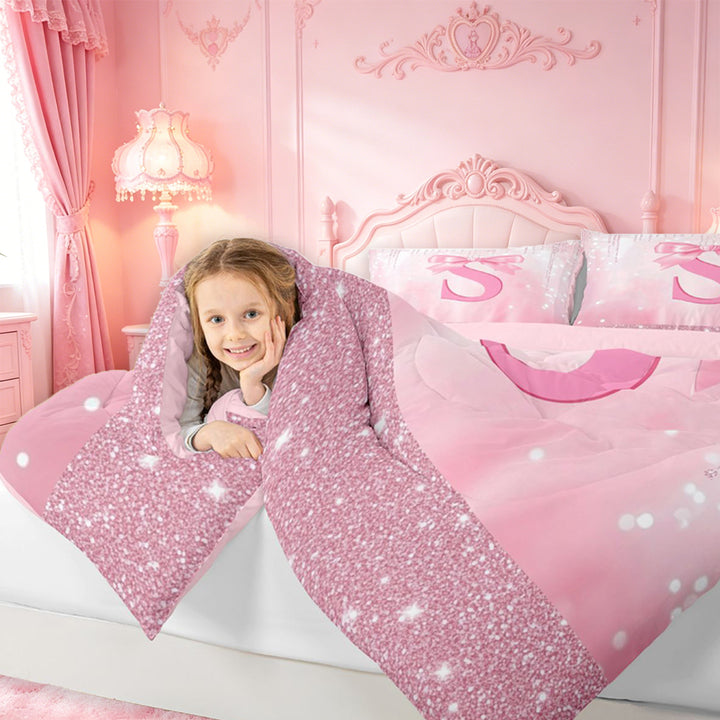 meiyoeat Girly Coquette Bow Full Size Comforter Sets For Kids,Pink Sequin Alphabet Print S Bedding Comforter Set For Bowtie Lovers,Pink Reversible,3-Piece
