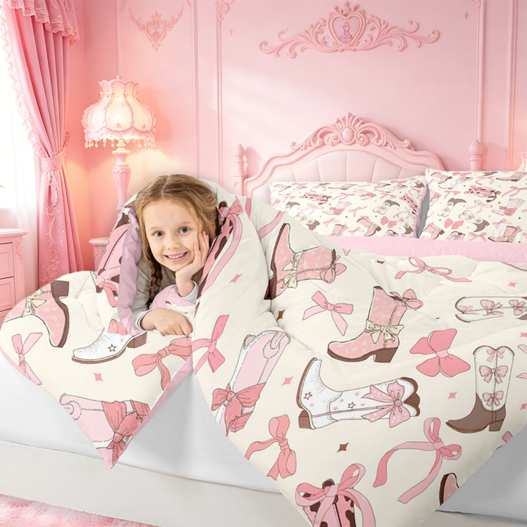 meiyoeat meiyoeat Sweet Cowgirl Boot 7 Pieces Full Size Bedding Sets For Girls, Pastel Bow Pattern Full Size Bed in a Bag For Kids,Pink Reversible