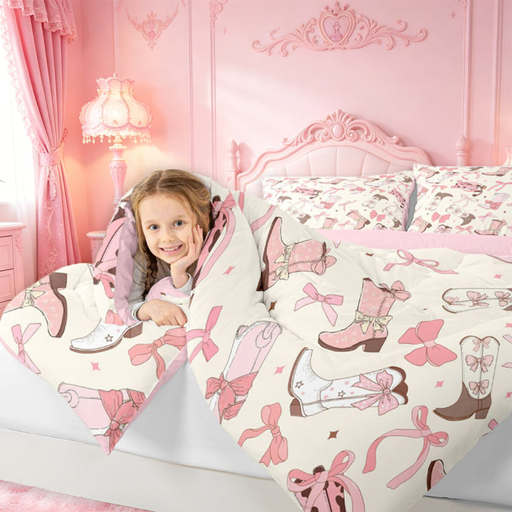 meiyoeat meiyoeat Sweet Cowgirl Boot 7 Pieces Full Size Bedding Sets For Girls, Pastel Bow Pattern Full Size Bed in a Bag For Kids,Pink Reversible