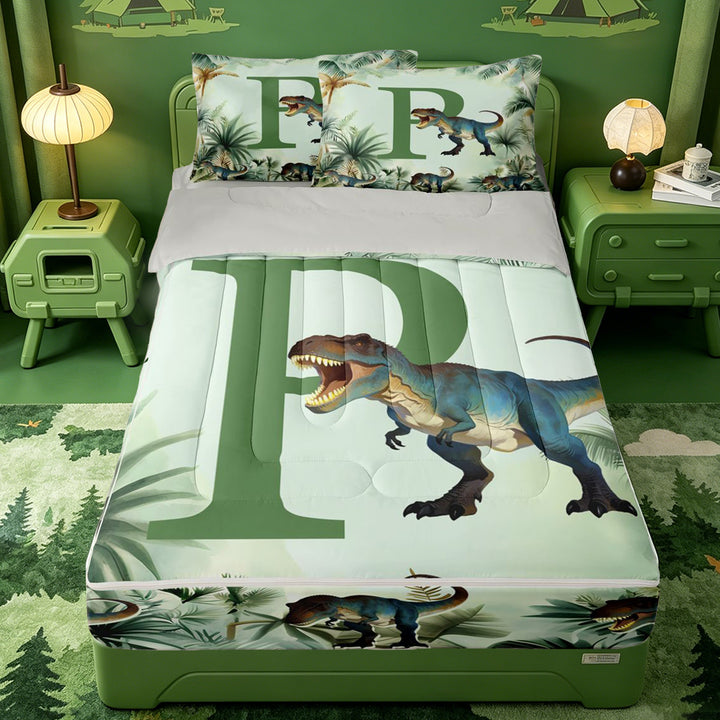 meiyoeat wild Animal Dino Print Zipper Full Size Comforter Sets with Fitted Sheet and 2 Pillowcases,3D Cartoon Monogrammed P Art Zipper Bedding Set,Light Gray Reversible,4-Piece