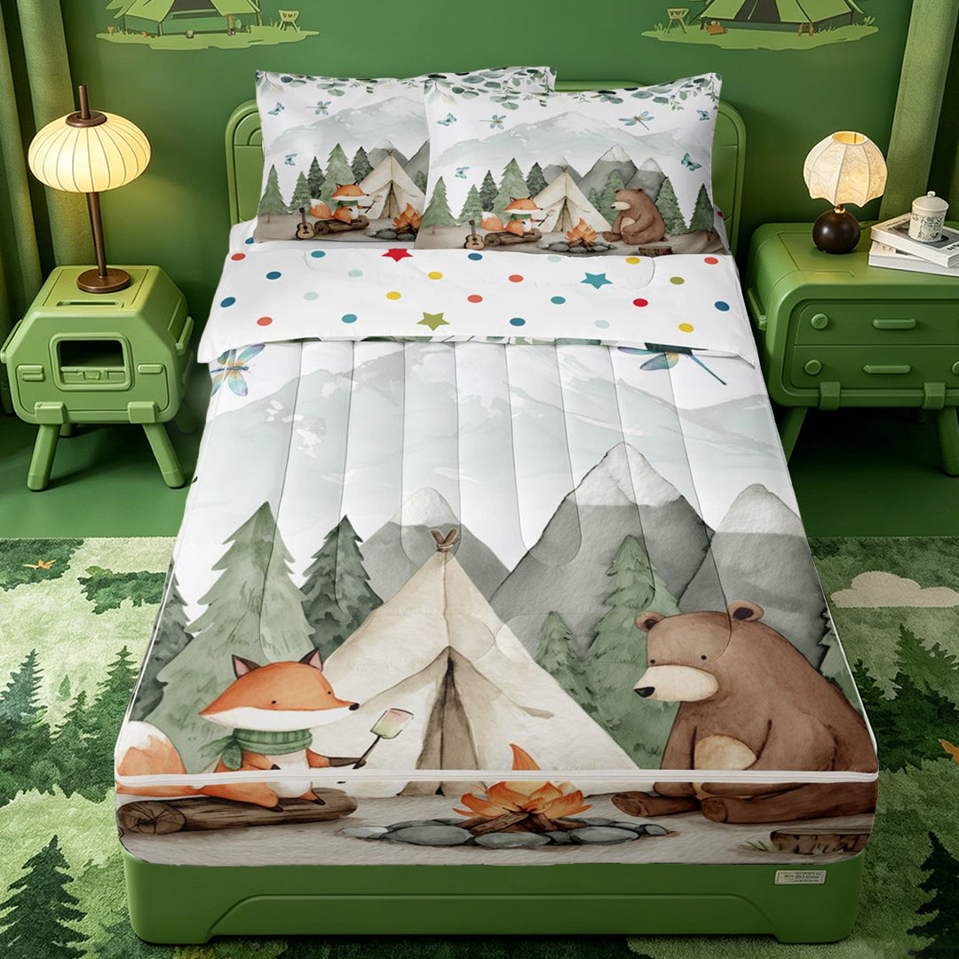 meiyoeat Watercolor Camping Zipper Full Size Comforter Sets with Fitted Sheet and 2 Pillowcases For Boys,Fox Tent Print Zipper Bedding Set,Polkadot Reversible,4 Pieces
