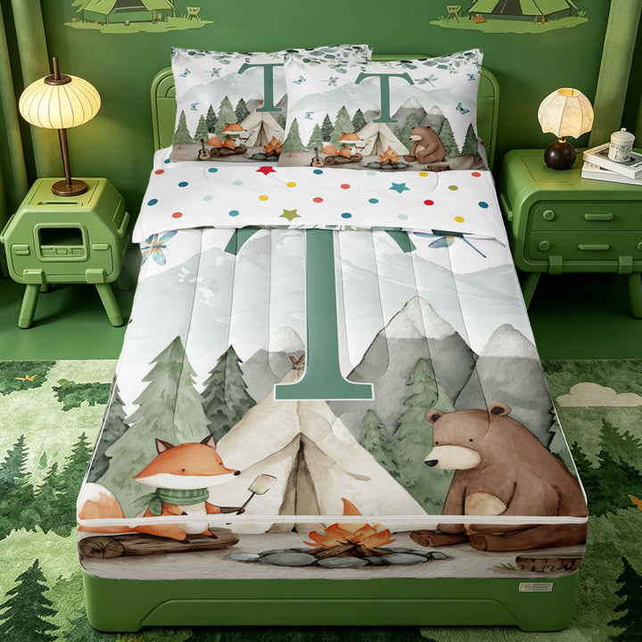 meiyoeat Green Monogram T Zipper Full Size Comforter Sets with Fitted Sheet and 2 Pillowcases For Boys,Happy Camping Outdoor Adventure Zipper Bedding Set,Polkadot Reversible,4 Pieces
