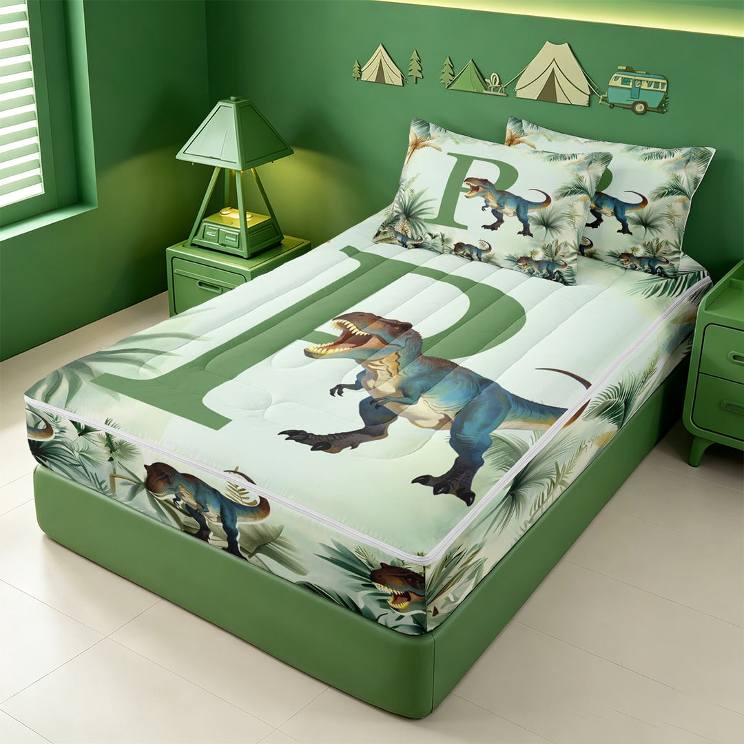 meiyoeat wild Animal Dino Print Zipper Full Size Comforter Sets with Fitted Sheet and 2 Pillowcases,3D Cartoon Monogrammed P Art Zipper Bedding Set,Light Gray Reversible,4-Piece