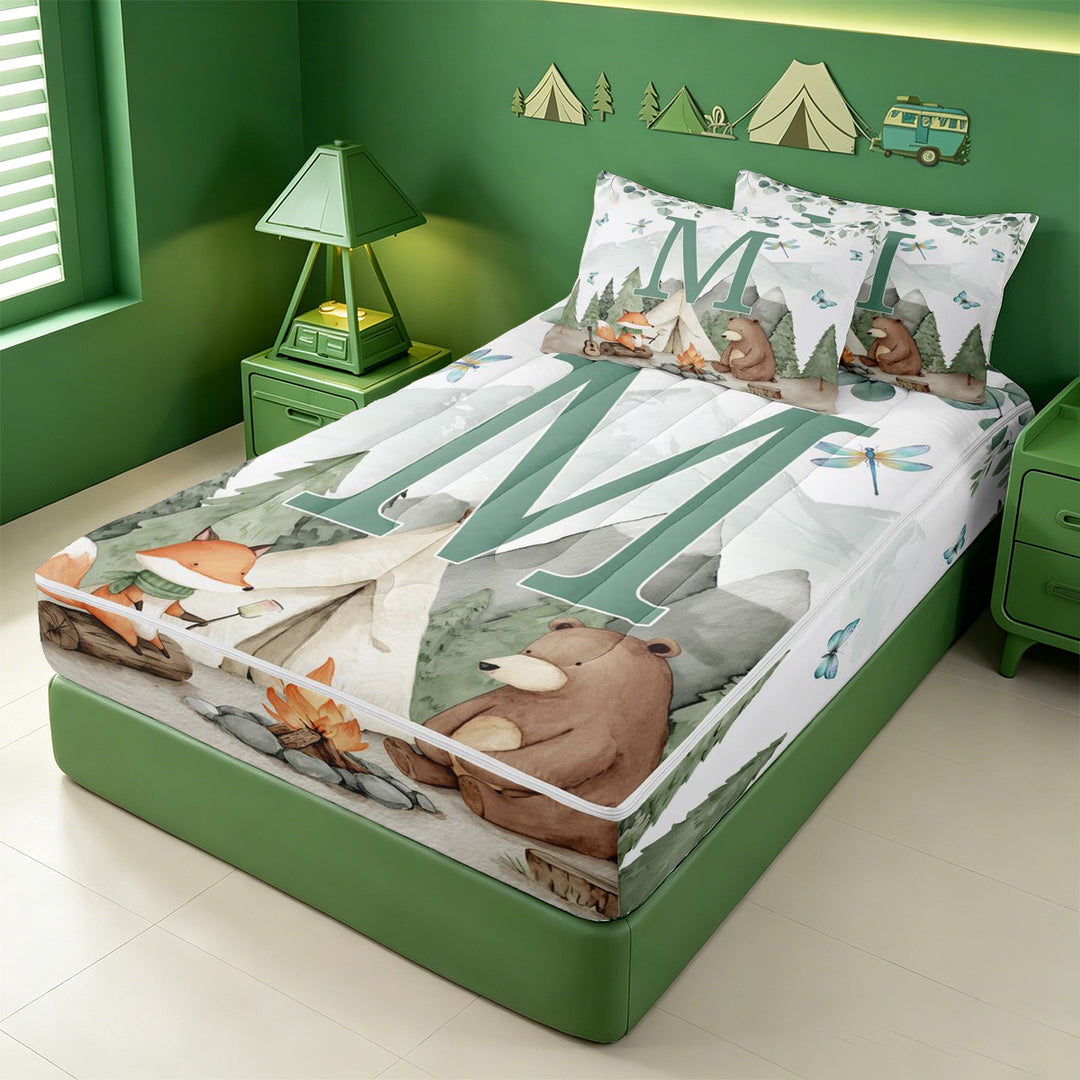 meiyoeat Boys Camping Themed Zipper Full Size Comforter Sets with Fitted Sheet and 2 Pillowcases For Boys,Green Initial Letter M Zipper Bedding Set,Polkadot Reversible,4 Pieces