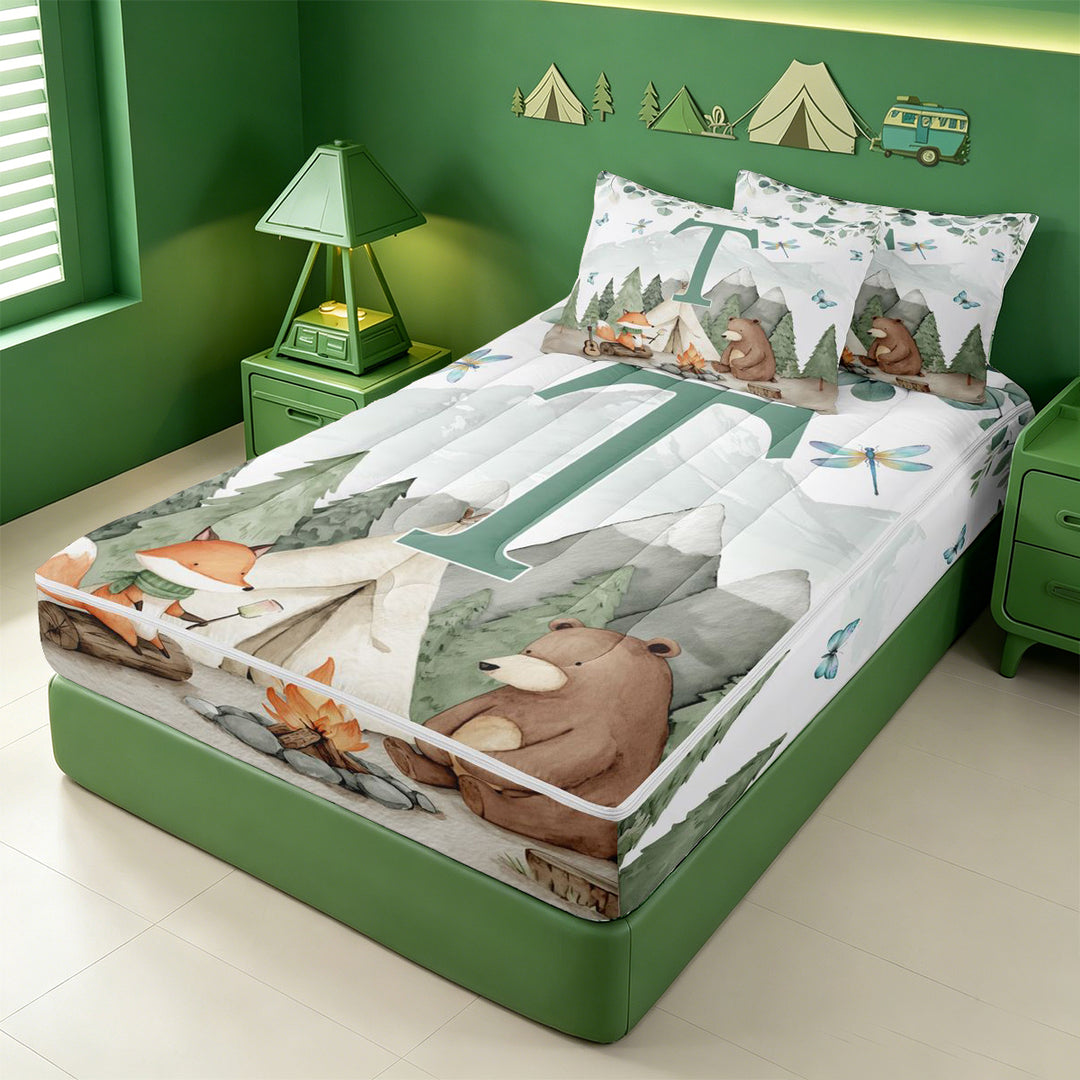 meiyoeat Green Monogram T Zipper Full Size Comforter Sets with Fitted Sheet and 2 Pillowcases For Boys,Happy Camping Outdoor Adventure Zipper Bedding Set,Polkadot Reversible,4 Pieces