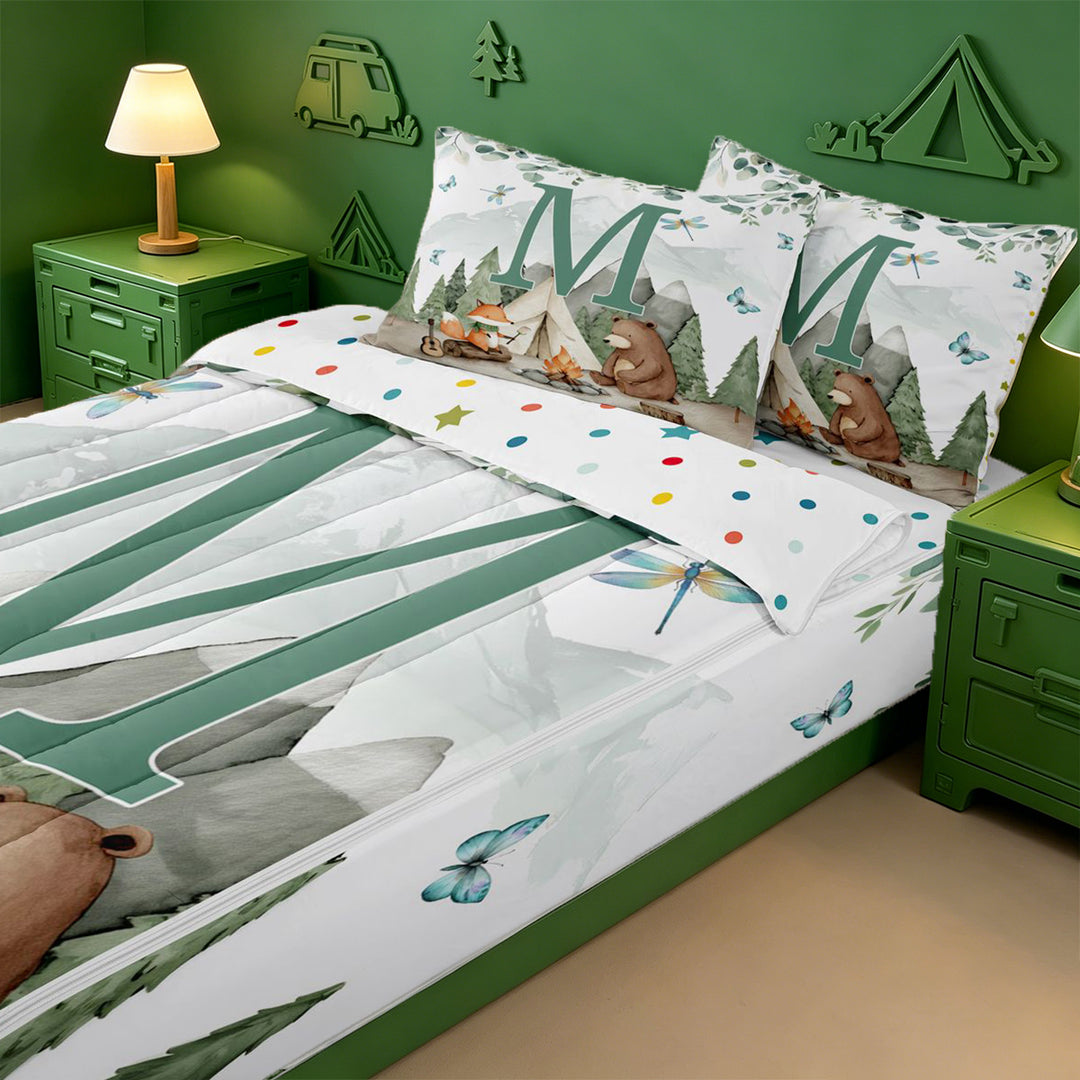 meiyoeat Boys Camping Themed Zipper Full Size Comforter Sets with Fitted Sheet and 2 Pillowcases For Boys,Green Initial Letter M Zipper Bedding Set,Polkadot Reversible,4 Pieces