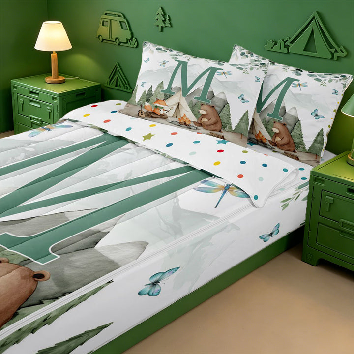 meiyoeat Boys Camping Themed Zipper Full Size Comforter Sets with Fitted Sheet and 2 Pillowcases For Boys,Green Initial Letter M Zipper Bedding Set,Polkadot Reversible,4 Pieces