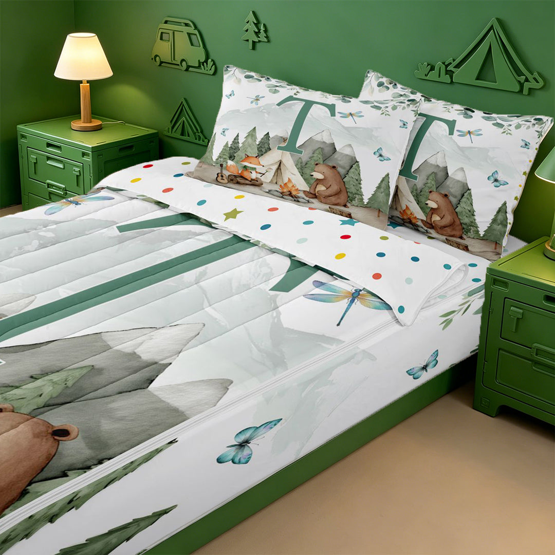 meiyoeat Green Monogram T Zipper Full Size Comforter Sets with Fitted Sheet and 2 Pillowcases For Boys,Happy Camping Outdoor Adventure Zipper Bedding Set,Polkadot Reversible,4 Pieces