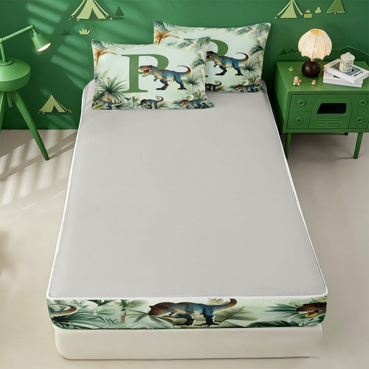 meiyoeat wild Animal Dino Print Zipper Full Size Comforter Sets with Fitted Sheet and 2 Pillowcases,3D Cartoon Monogrammed P Art Zipper Bedding Set,Light Gray Reversible,4-Piece