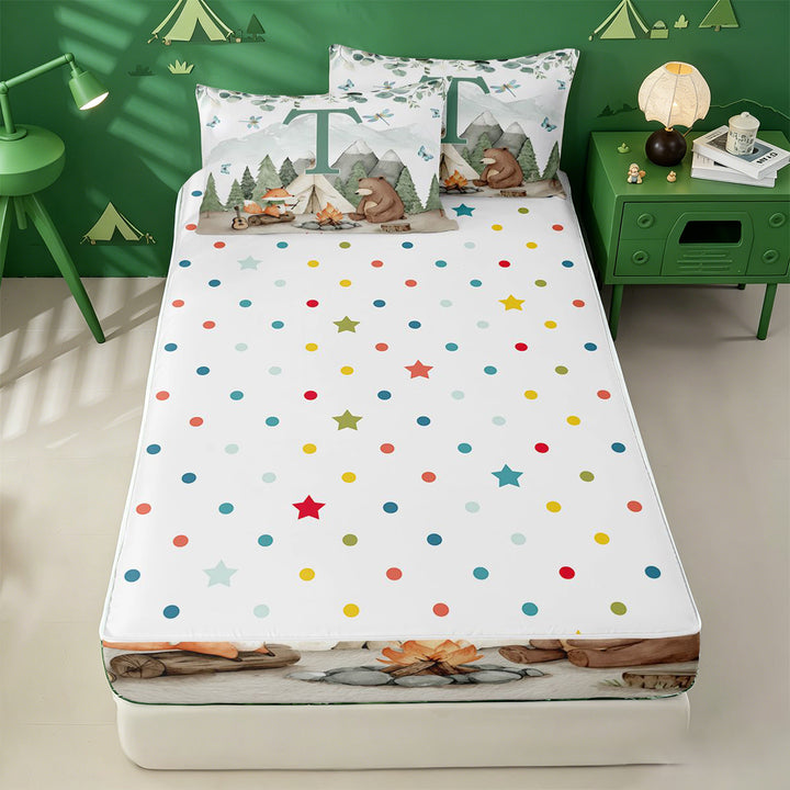 meiyoeat Green Monogram T Zipper Full Size Comforter Sets with Fitted Sheet and 2 Pillowcases For Boys,Happy Camping Outdoor Adventure Zipper Bedding Set,Polkadot Reversible,4 Pieces