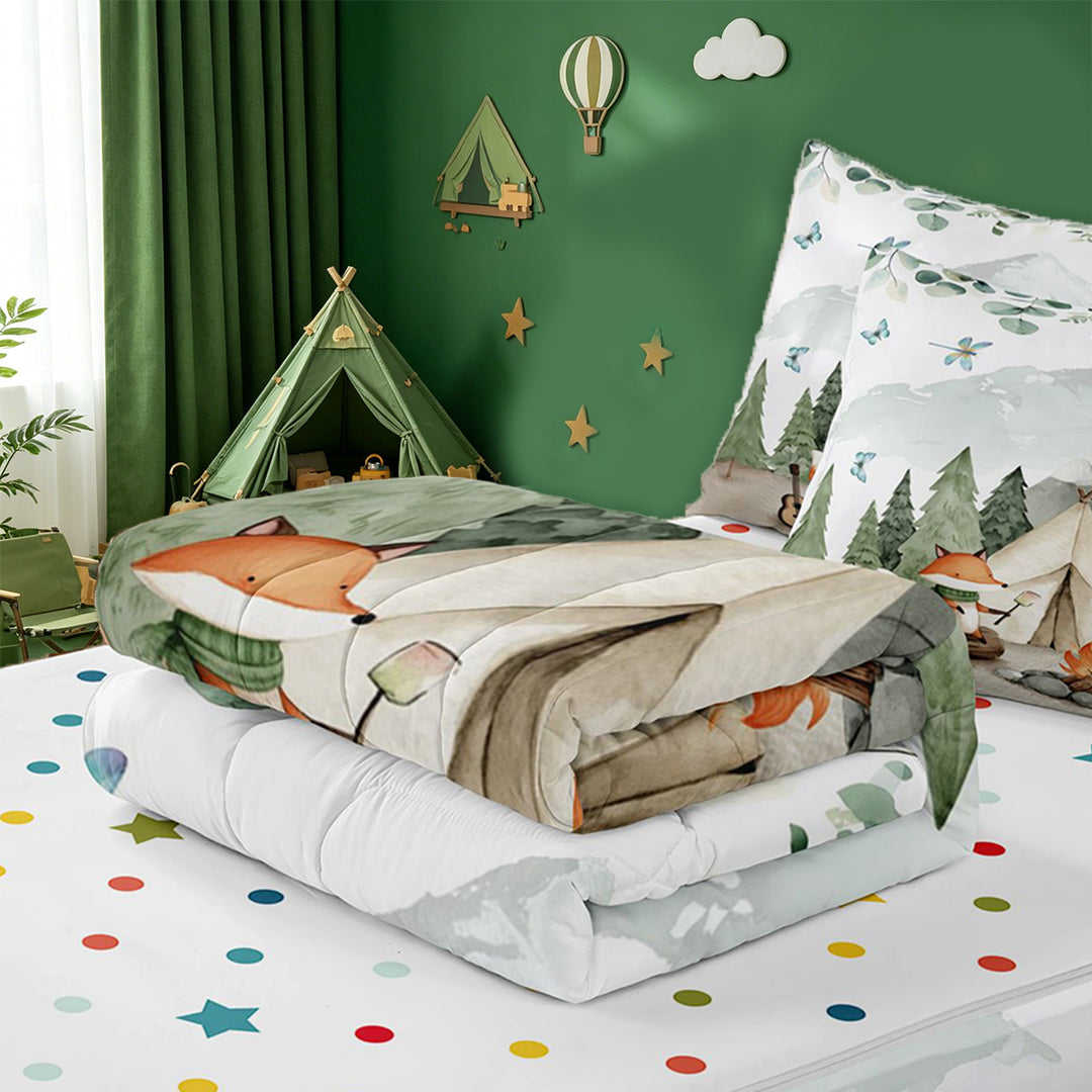 meiyoeat Watercolor Camping Zipper Full Size Comforter Sets with Fitted Sheet and 2 Pillowcases For Boys,Fox Tent Print Zipper Bedding Set,Polkadot Reversible,4 Pieces