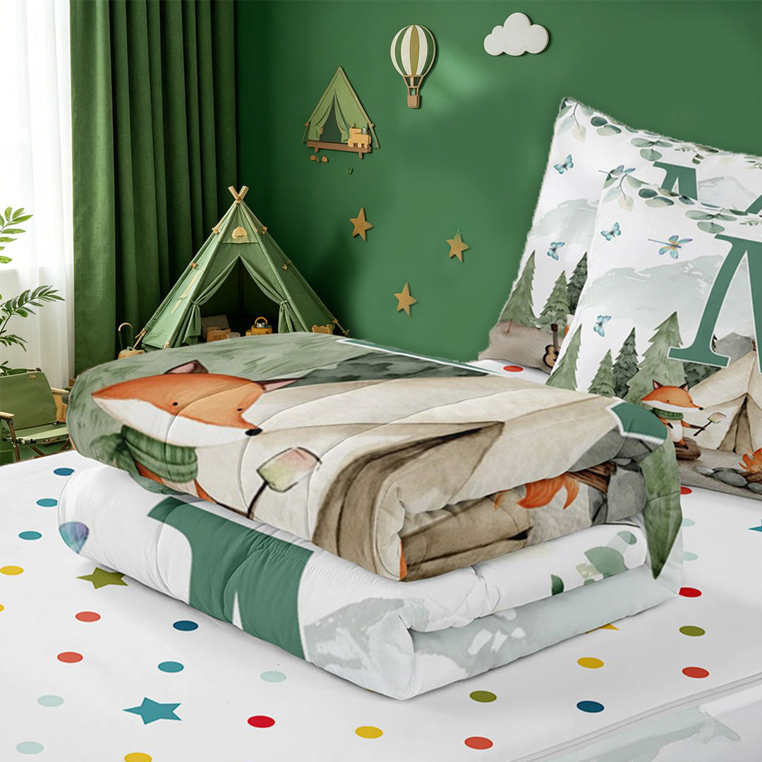 meiyoeat Boys Camping Themed Zipper Full Size Comforter Sets with Fitted Sheet and 2 Pillowcases For Boys,Green Initial Letter M Zipper Bedding Set,Polkadot Reversible,4 Pieces
