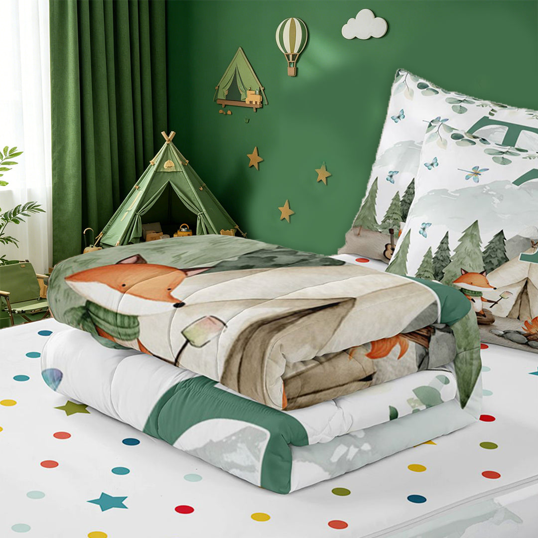 meiyoeat Green Monogram T Zipper Full Size Comforter Sets with Fitted Sheet and 2 Pillowcases For Boys,Happy Camping Outdoor Adventure Zipper Bedding Set,Polkadot Reversible,4 Pieces