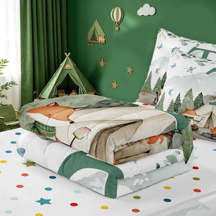 meiyoeat Green Monogram T Zipper Full Size Comforter Sets with Fitted Sheet and 2 Pillowcases For Boys,Happy Camping Outdoor Adventure Zipper Bedding Set,Polkadot Reversible,4 Pieces