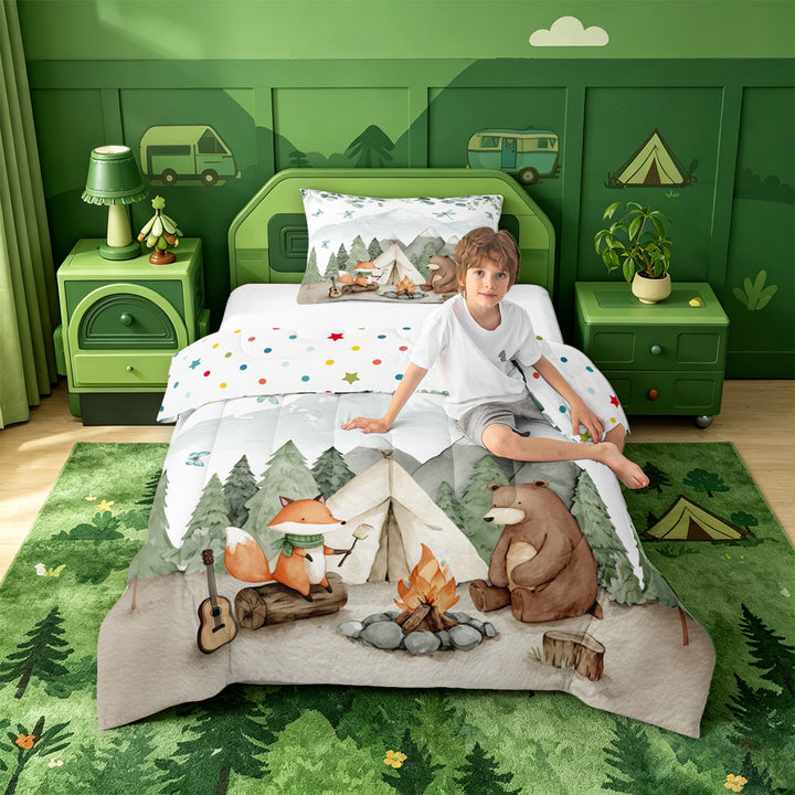 meiyoeat Watercolor Camping Full Size Comforter Sets For Boys,Fox Tent Print Bedding Comforter Set,Polkadot Reversible,3-Piece,1 Comforter and 2 Pillowcases