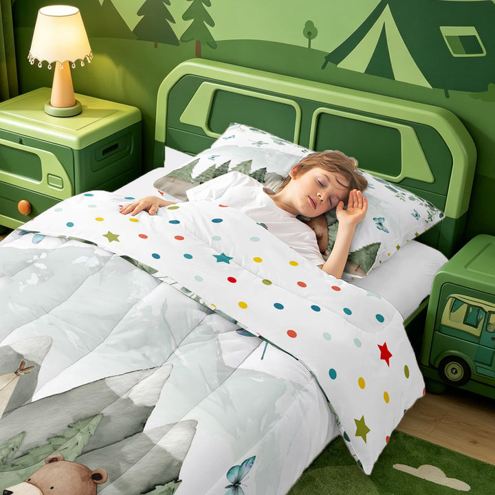 meiyoeat Watercolor Camping Full Size Comforter Sets For Boys,Fox Tent Print Bedding Comforter Set,Polkadot Reversible,3-Piece,1 Comforter and 2 Pillowcases