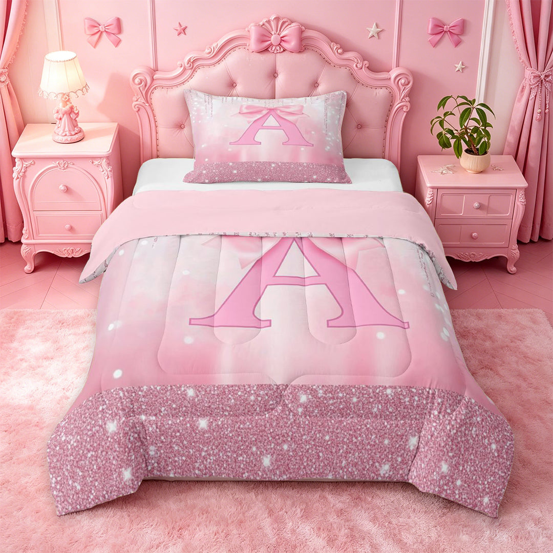 meiyoeat Pink Cute Bowknot Full Size Comforter Sets For Girls,Chic Sparkling Print Monogrammed A Bedding Comforter Set For Kids,Pink Reversible,3-Piece